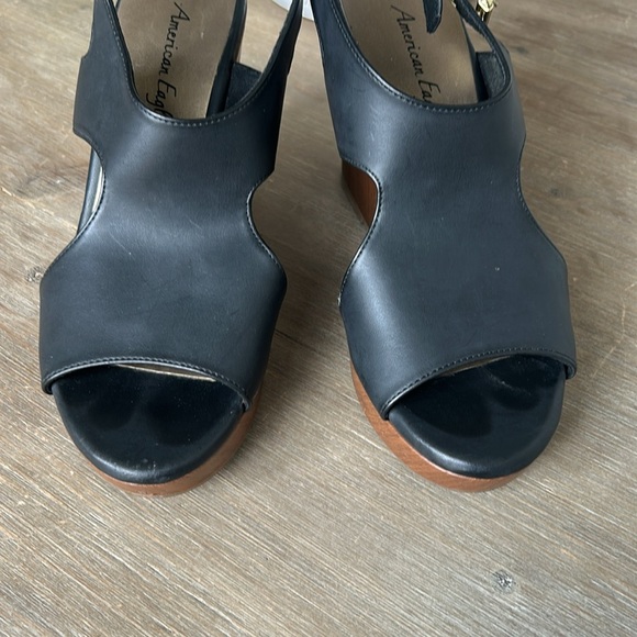 American Eagle Open Toe Faux Wood Wedge Buckle Platform Sandals Black Size 9.5 - Picture 12 of 16